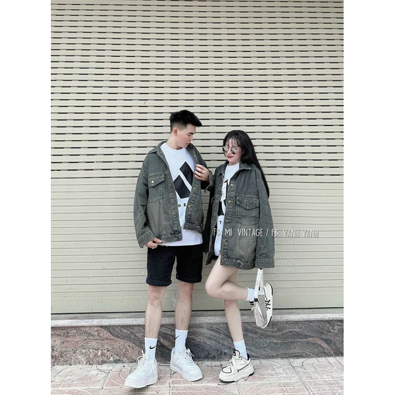 Áo khoác jean khuy bạc màu xanh rêu mài cực chất ,Áo khoác bò nam nữ mặc đôi siêu Ngầu 2024