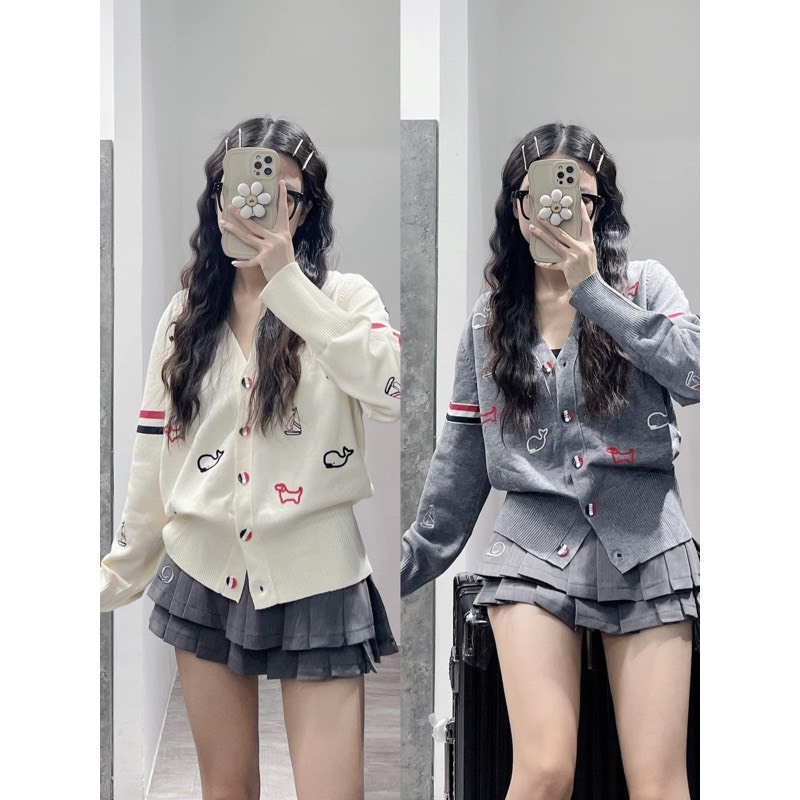 Áo len cardigan thome thêu hình con vật chất len , Áo Khoác Cadigan in hình cá heo Siêu dễ Thương