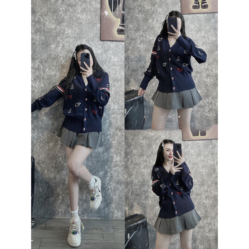 Áo len cardigan thome thêu hình con vật chất len , Áo Khoác Cadigan in hình cá heo Siêu dễ Thương
