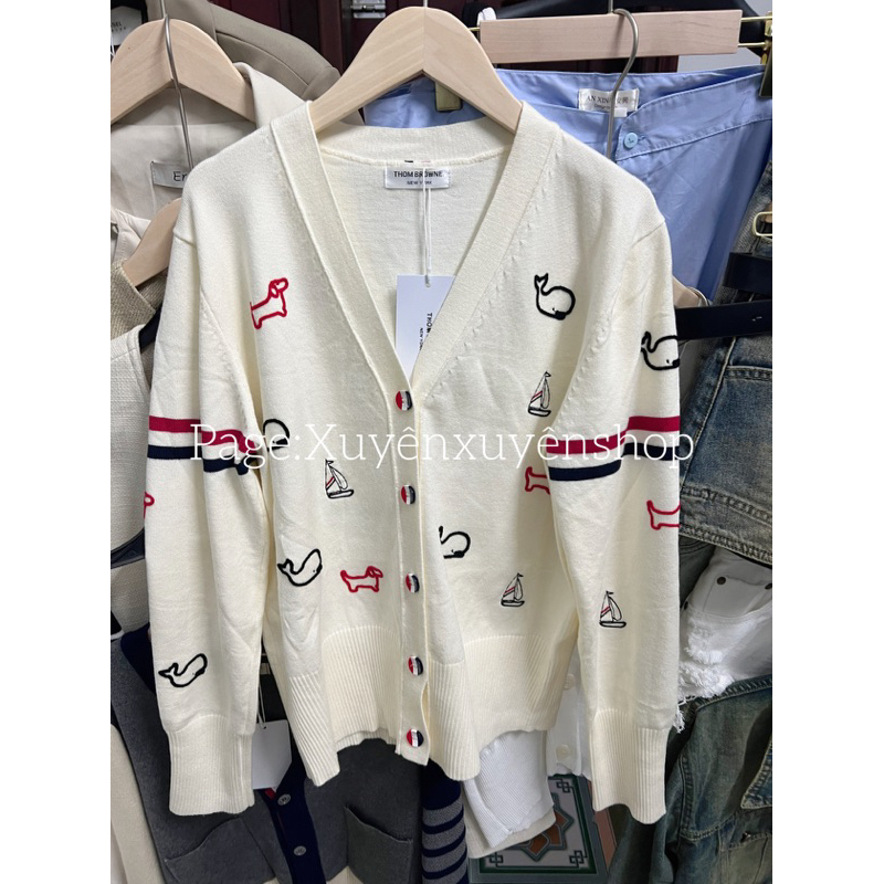 Áo len cardigan thome thêu hình con vật chất len , Áo Khoác Cadigan in hình cá heo Siêu dễ Thương