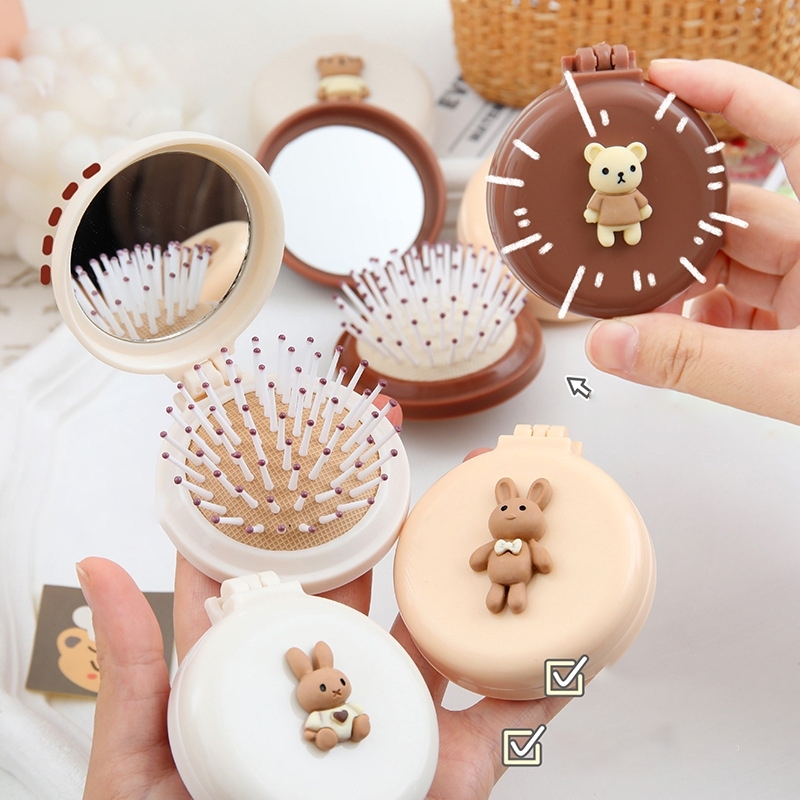 2In1 Lược Gấp Kèm Gương, Gương Lược Gấp Massage Cầm Tay Mini Bỏ Túi Thỏ Nâu