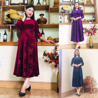 Đầm nhung trung niên in hoa dáng xoè dự tiệc đi chơi cực sang trọng