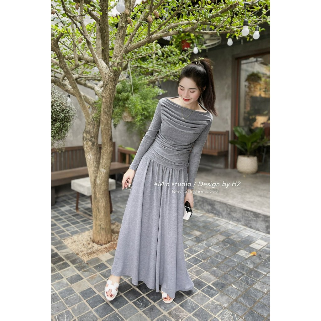 Set Bộ Đồ Nữ Áo Trễ Vai Cổ Thuyền Dài Tay Chất Tăm Nhún Eo Mix Quần Suông Dáng Freesize B310313