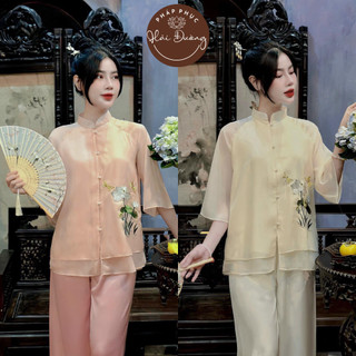 Bộ phật tử đi chùa tơ voan dáng suông thêu chuồn chuồn