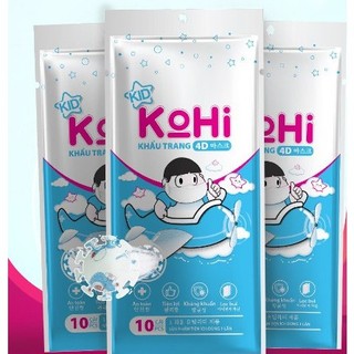 Khẩu trang 4D trẻ em KOHI 4 lớp kháng khuẩn - Túi 10 cái hình ngẫu nhiên.