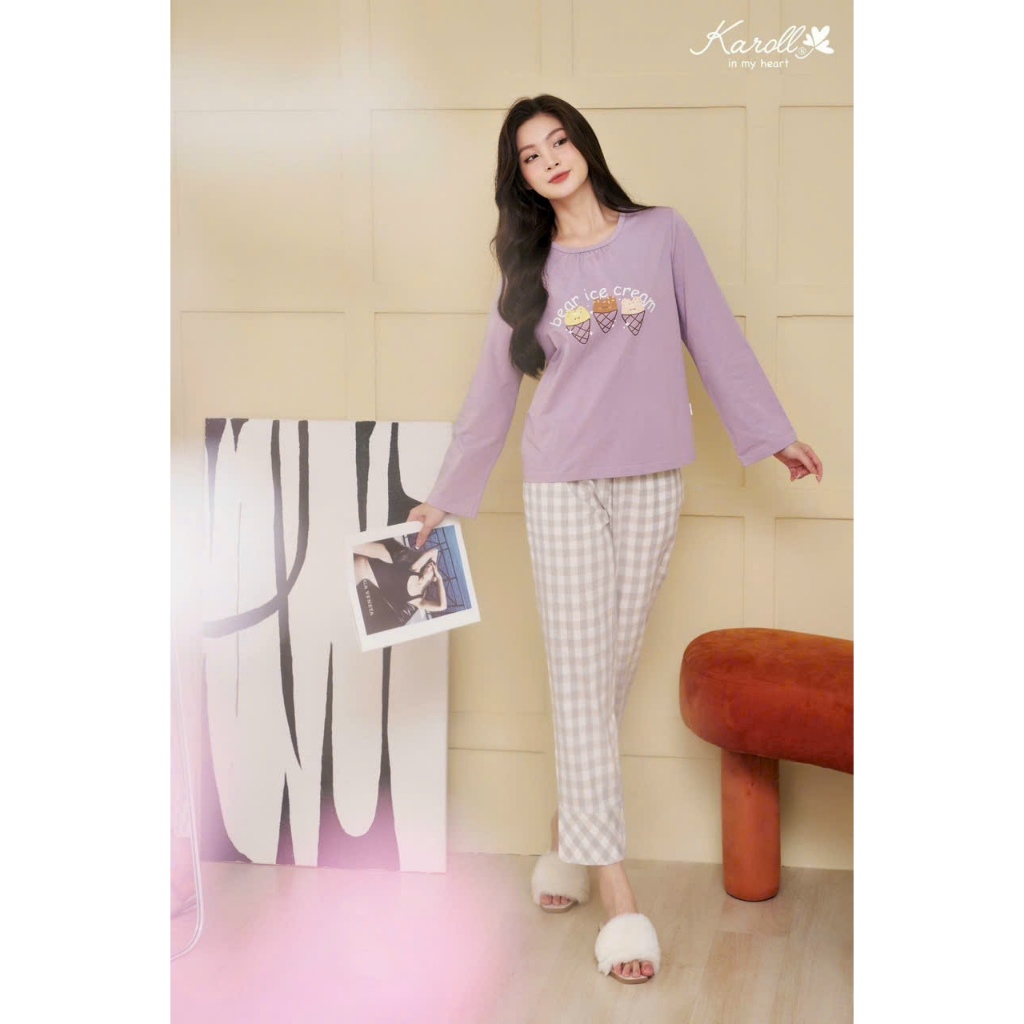 Bộ đồ mặc nhà Karoll cao cấp nữ, set cotton thu đông mềm mịn nhẹ, co giãn 4 chiều thấm hút mồ hôi tốt hoa tiết ice