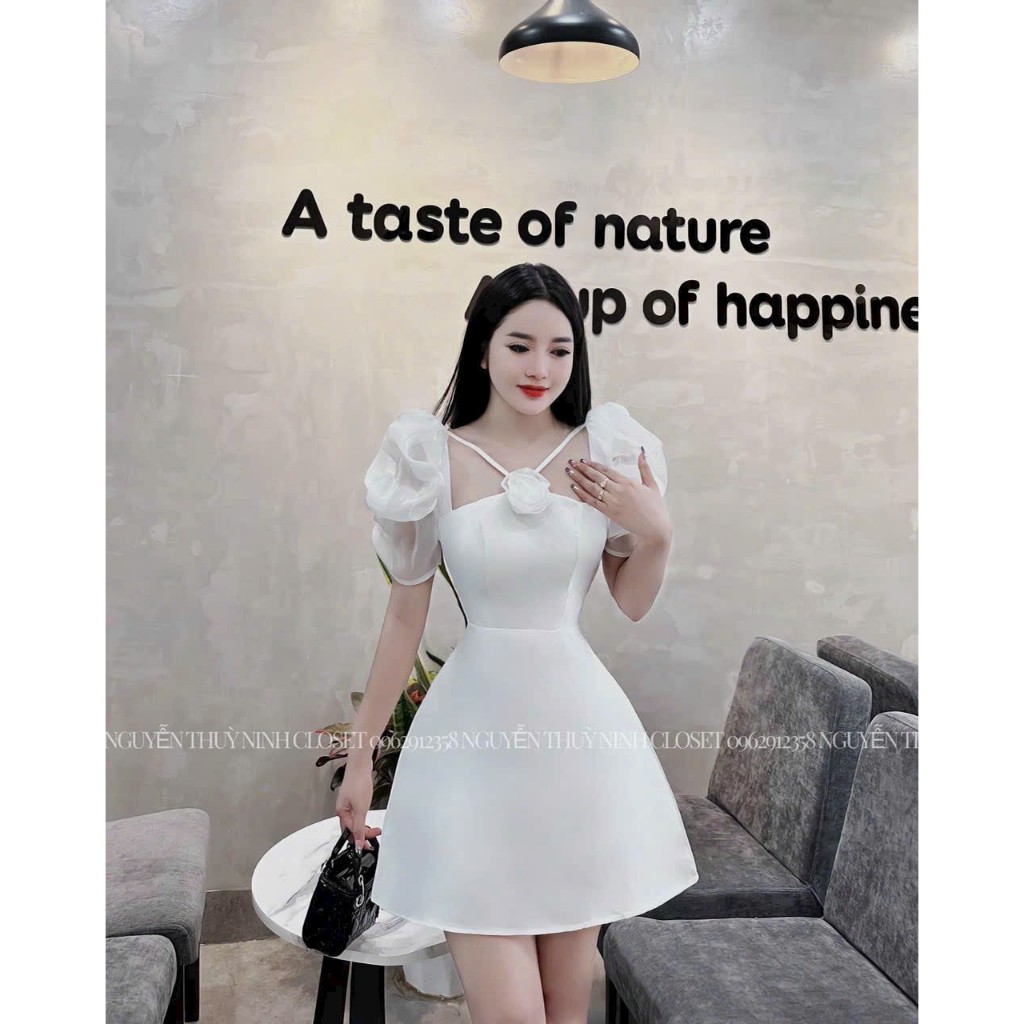 Đầm thời trang nữ dự tiệc sang trọng chất tapta cổ vuông dây hoa cổ tay ngắn phồng dáng váy dài xoè mini xinh xắn