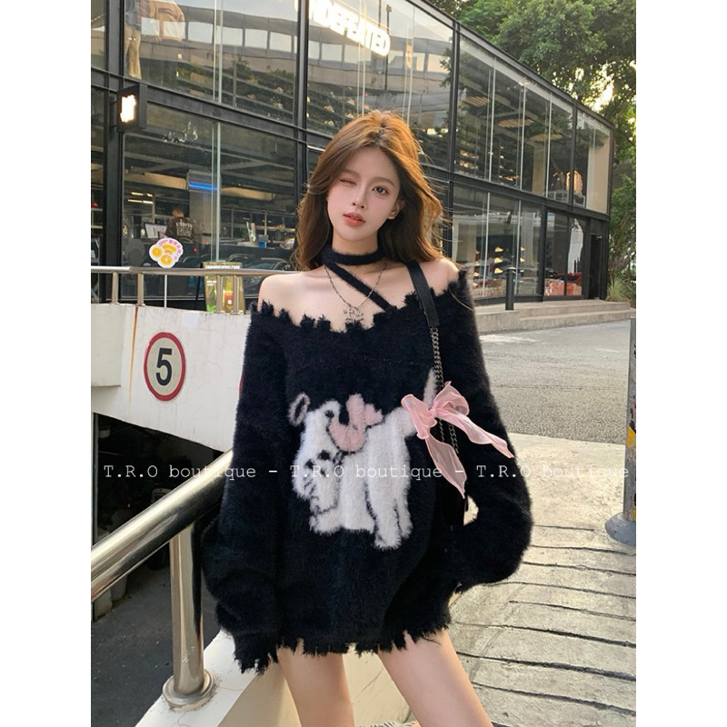 Áo lông thỏ kèm choker QC