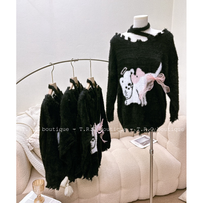 Áo lông thỏ kèm choker QC