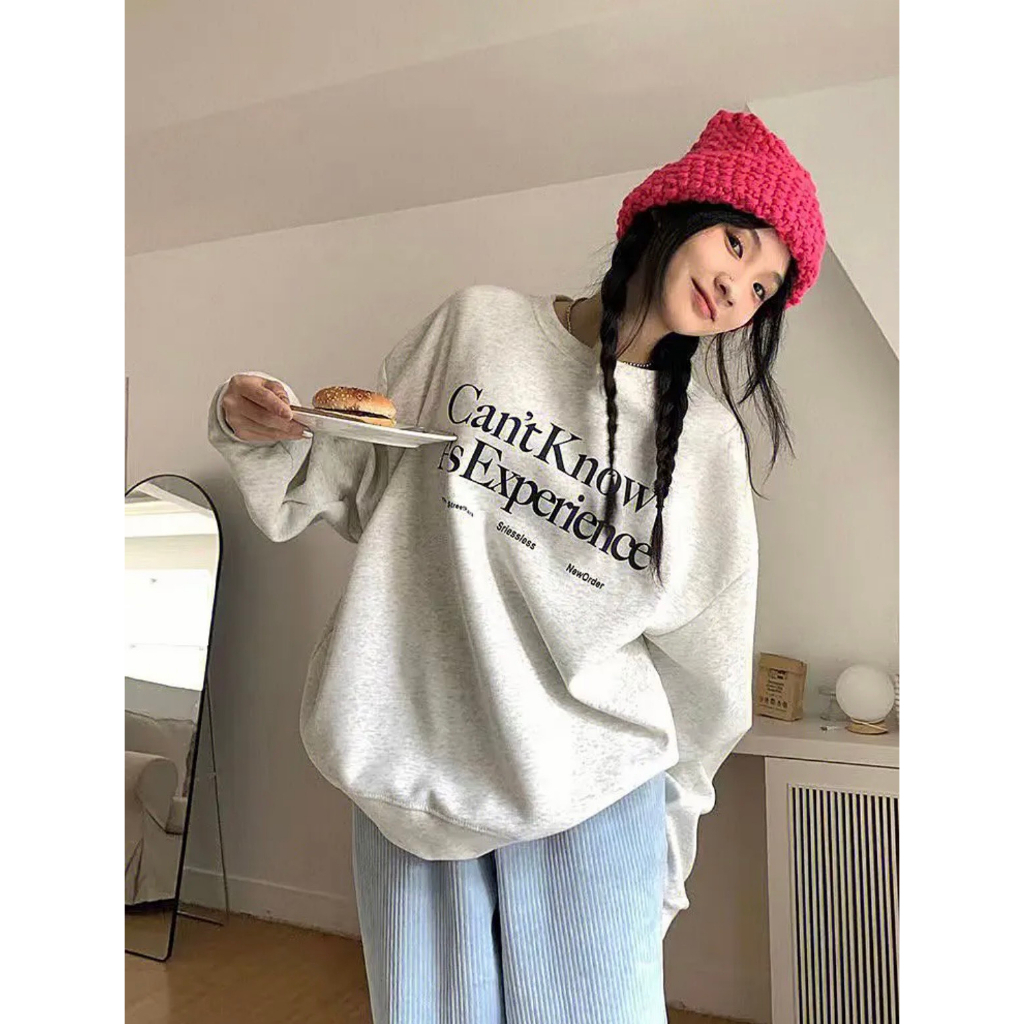 Áo Sweater Nỉ Bông Form Rộng Nam Nữ Unisex Dáng Oversize Xám Tiêu In Chữ Đơn Giản