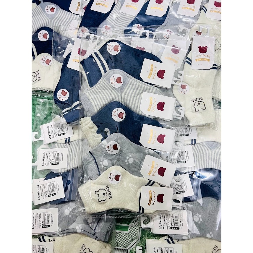 Sét 10 đôi tất trẻ em gấu xanh cotton cổ bo cho bé từ 0-2 tuổi ss7