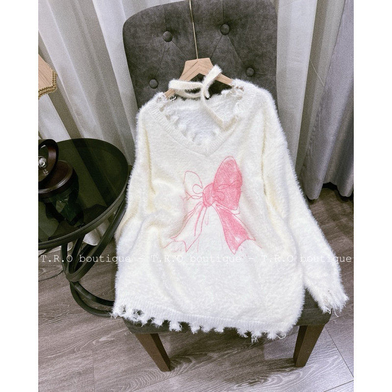 Áo lông thỏ kèm choker QC