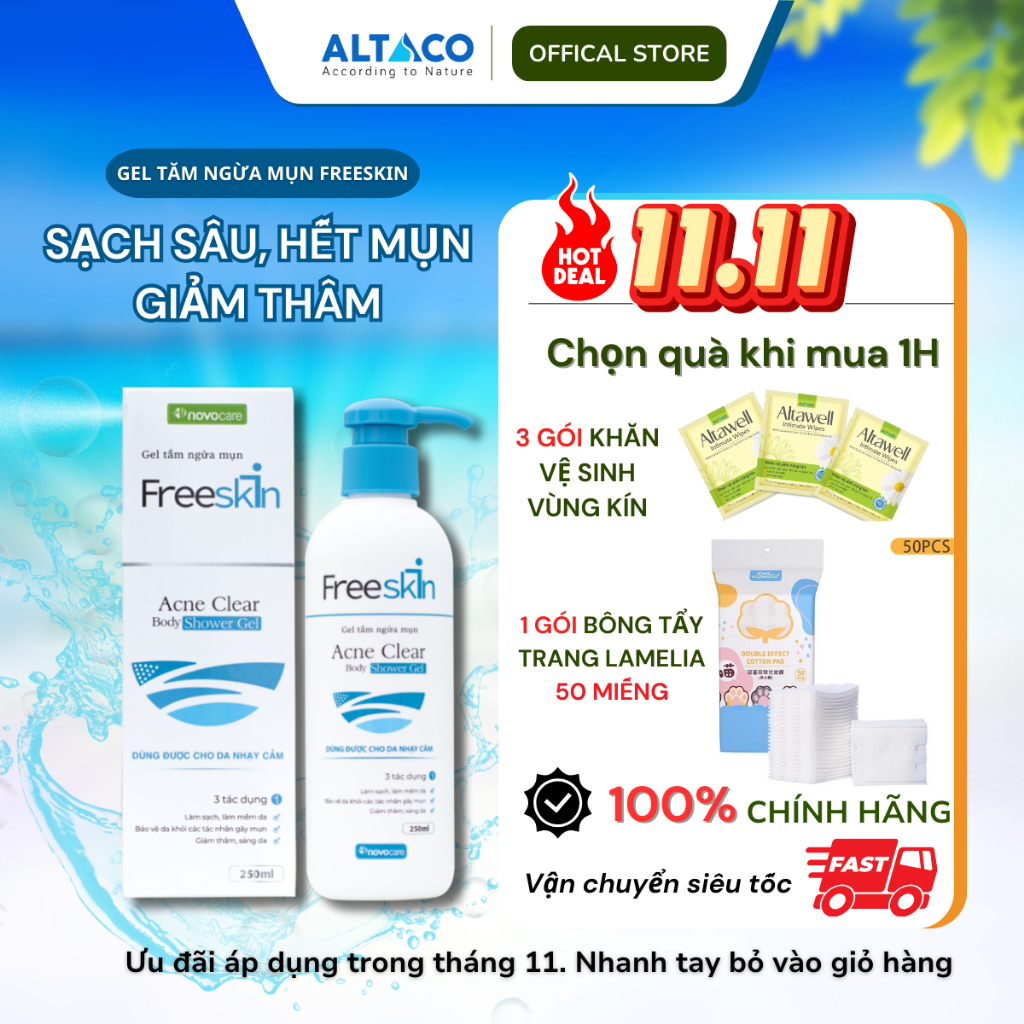 Gel tắm ngừa mụn FreeSkin - Bộ 3 tác độngLàm sạch, mềm da-Bảo vệ da khỏi tác nhân gây mụn - Giảm thâm, sáng da-NewbornZ