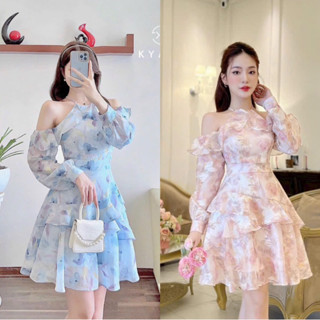 Đầm cổ yếm trễ vai dự tiệc tay dài bèo chất vải Voan hoa chiffon có mút ngực tiểu thư,