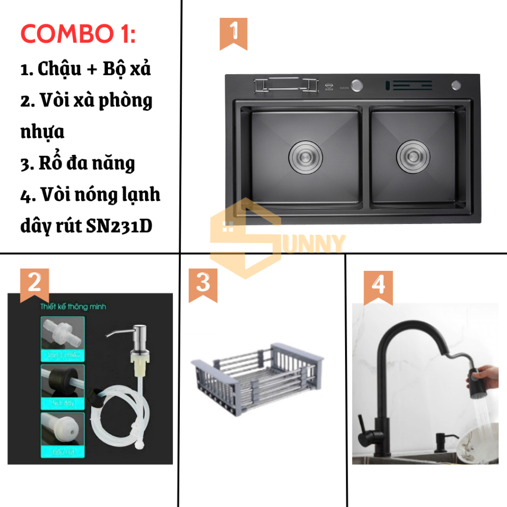 Chậu Rửa Chén Bát 2 Ngăn Inox 304  Đa năng , 2 Hố Cân Có Vắt Dao thớt Kích Thước 82x45