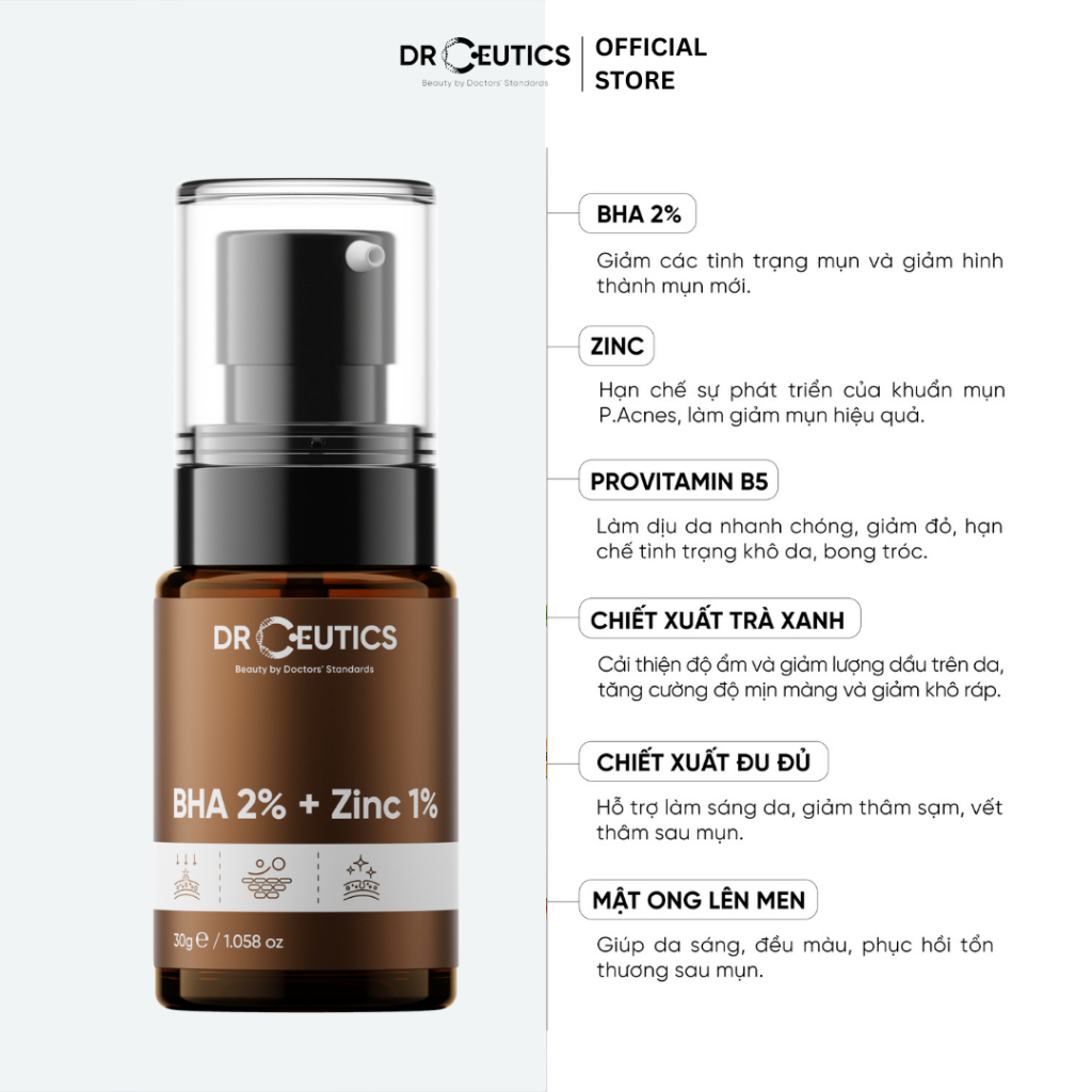 Tinh chất dưỡng Serum BHA 2% + ZinC 1% Giảm Mụn Và Giảm Sưng Mụn - Serum DrCeutics