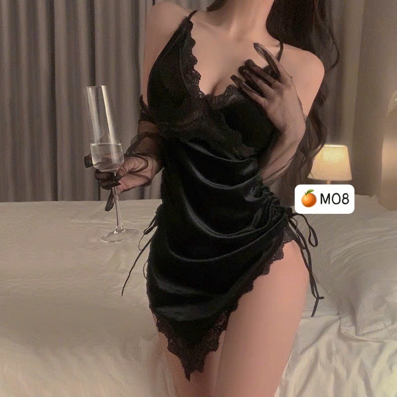 Đầm ngủ nhung phối ren hở lưng chéo dây body nhọn tà sexy , chất nhung mềm mịn