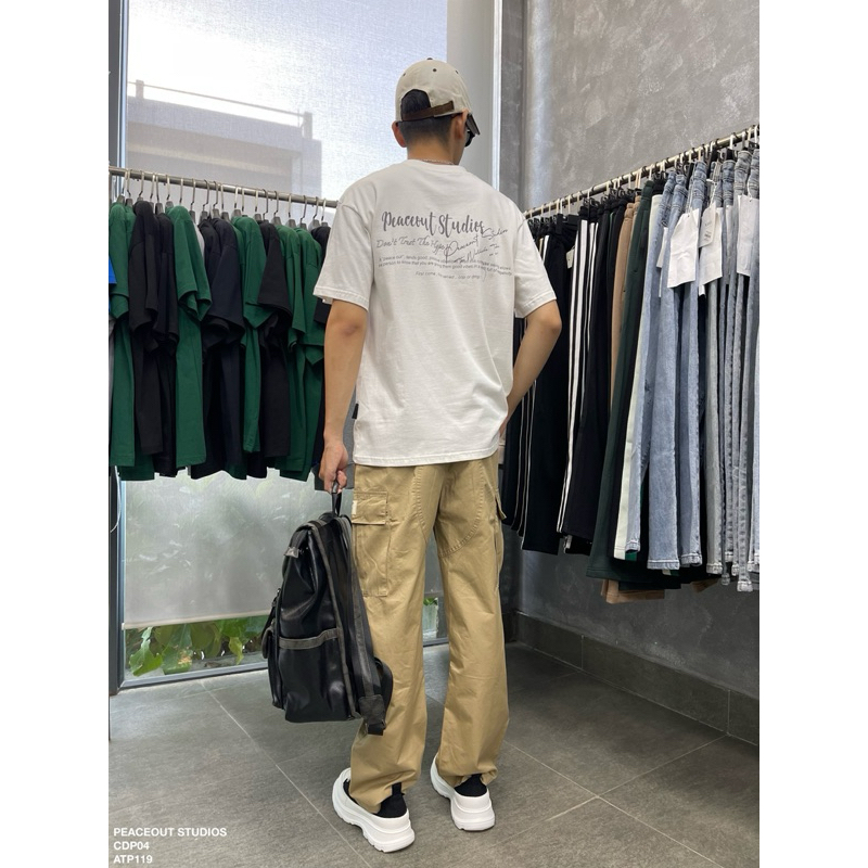 Quần Cargo Pant Túi hộp P04 Peaceout Studios Kaki Lưng thun
