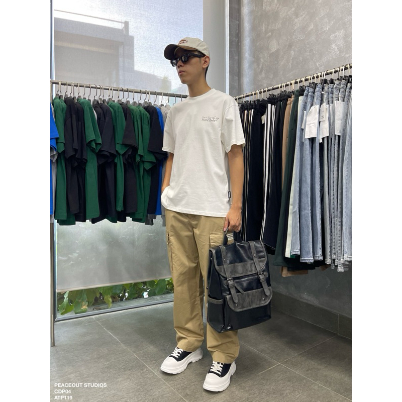 Quần Cargo Pant Túi hộp P04 Peaceout Studios Kaki Lưng thun