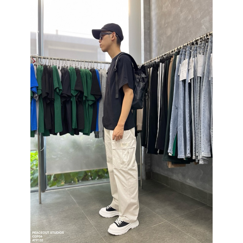 Quần Cargo Pant Túi hộp P04 Peaceout Studios Kaki Lưng thun