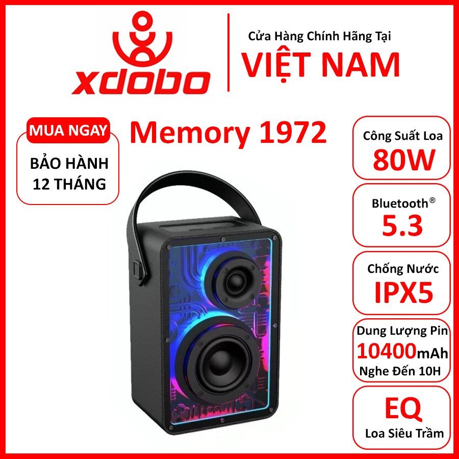 Loa Bluetooth 5.0 XDOBO MEMORY 1972 Công Suất 80W, Chống Nước IPX5, Pin 10400Mah Hỗ Trợ Thẻ TF, USB, AUX - BH 12 Tháng