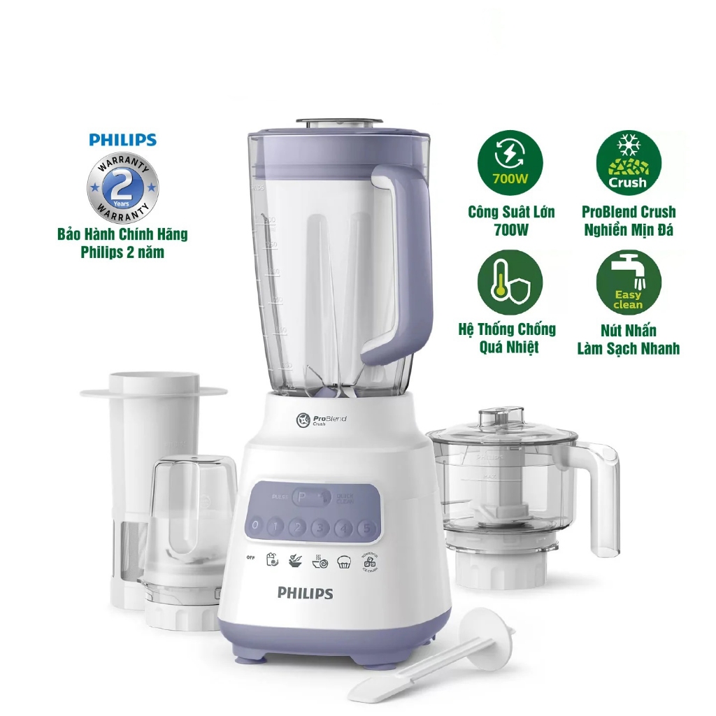 Máy Xay Sinh Tố Philips HR2223/00, Công Suất 700W Phụ kiện cối 4 Món - Hàng Chính Hãng