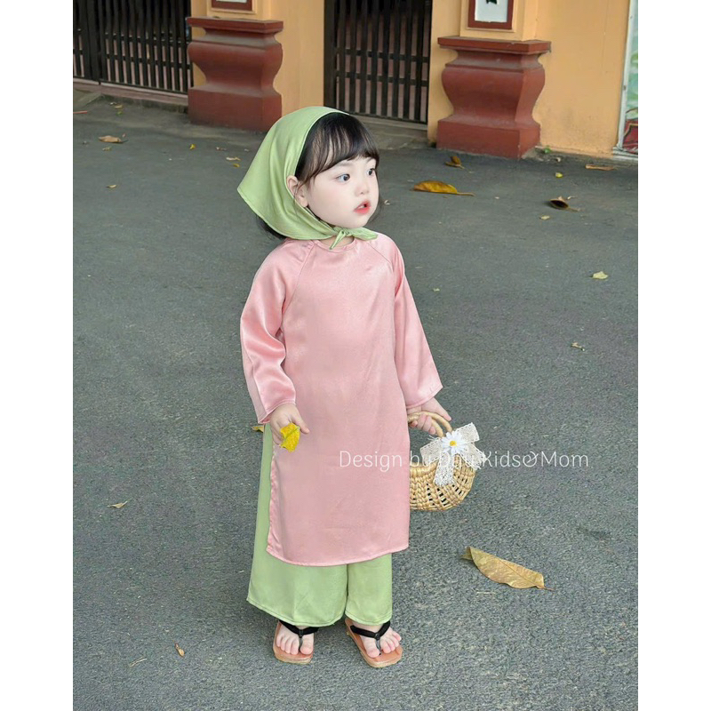 Sét áo dài 3 chi tiết màu hồng quần xanh cho bé gái