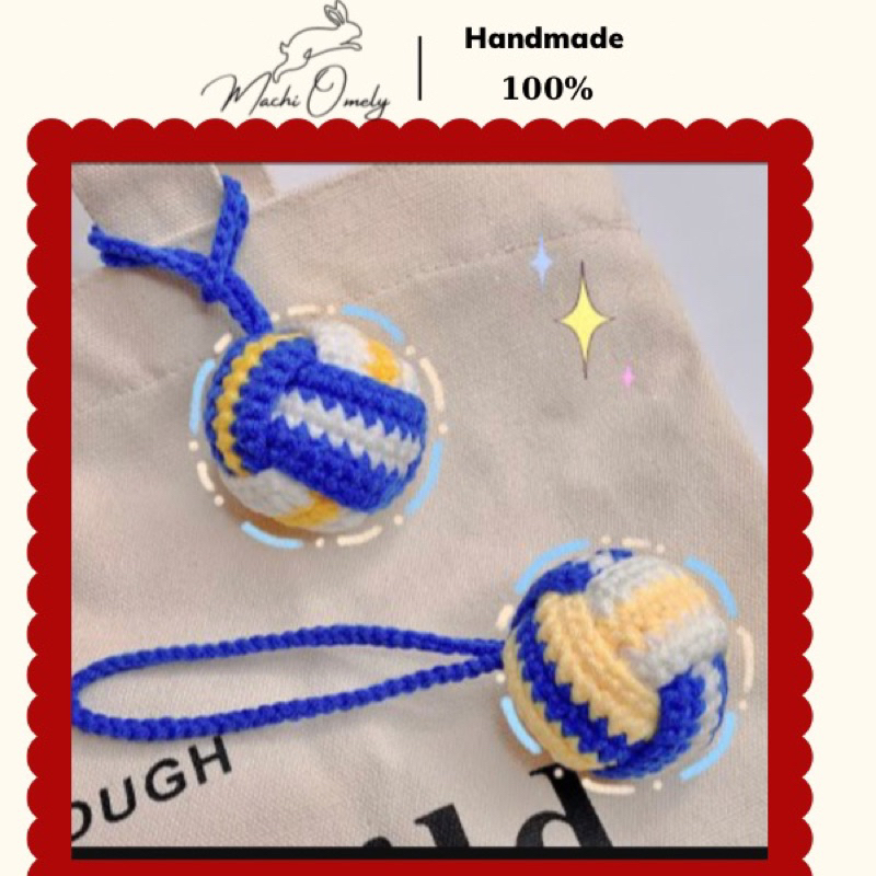 [Có sẵn] Quả bóng chuyền bằng len làm móc khoá, charm treo túi xách balo - tròn 16cm, đường kính 5cm