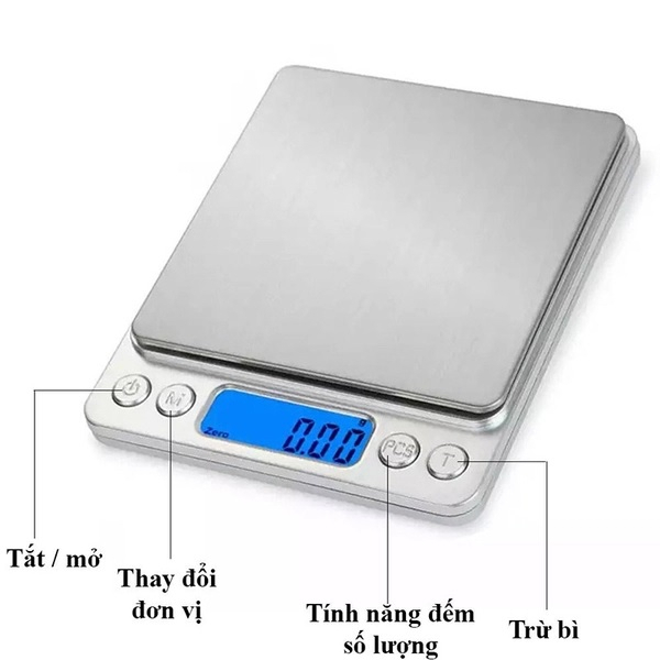 Cân tiểu ly điện tử nhà bếp mini i2000 định lượng 0.1g - 3kg làm bánh độ chính xác cao kèm 2 viên pin AAA