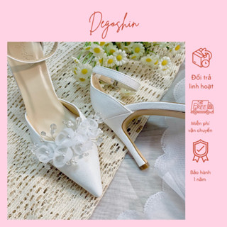 Giày cưới, giày cao gót 8cm hở eo đính hoa Linh Lan phối đá lấp lánh độc quyền bởi Degoshin