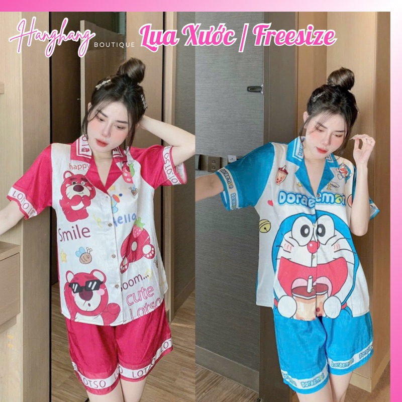 Bộ đồ ngủ nữ pijama lụa xước cộc tay ngắn freesize 40-62kg, đồ bộ đùi nữ mặc nhà giá rẻ, đồ ngủ lụa cute gấu dâu xinh