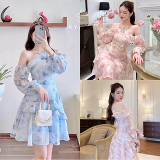 Đầm thời trang nữ mặc đi chơi cổ yếm bèo trễ vai tay dài chất vải voan hoa chiffon có mút ngực có lót,