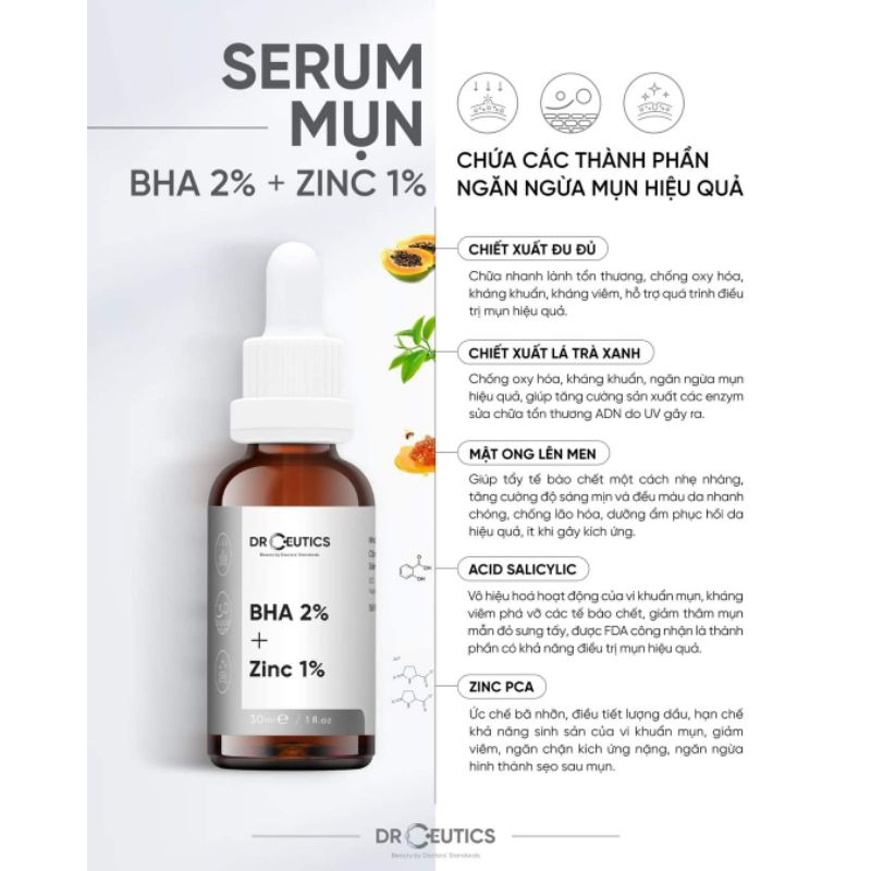 Drceutics SERUM MỤN BHA 2% + ZINC 1% 30g ngăn ngừa và cải thiện tình trạng mụn