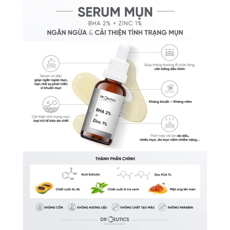 Drceutics SERUM MỤN BHA 2% + ZINC 1% 30g ngăn ngừa và cải thiện tình trạng mụn
