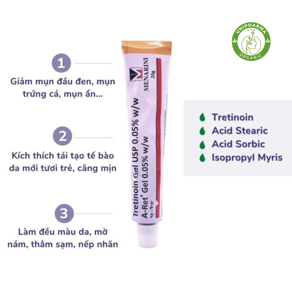 Tretinoin Aret Gel Ngăn Ngừa Lão Hóa 0.025 0.05 0.1, Giúp giảm mụn hiệu quả Tre Aret Ấn Độ Chính Hãng - UniPharma