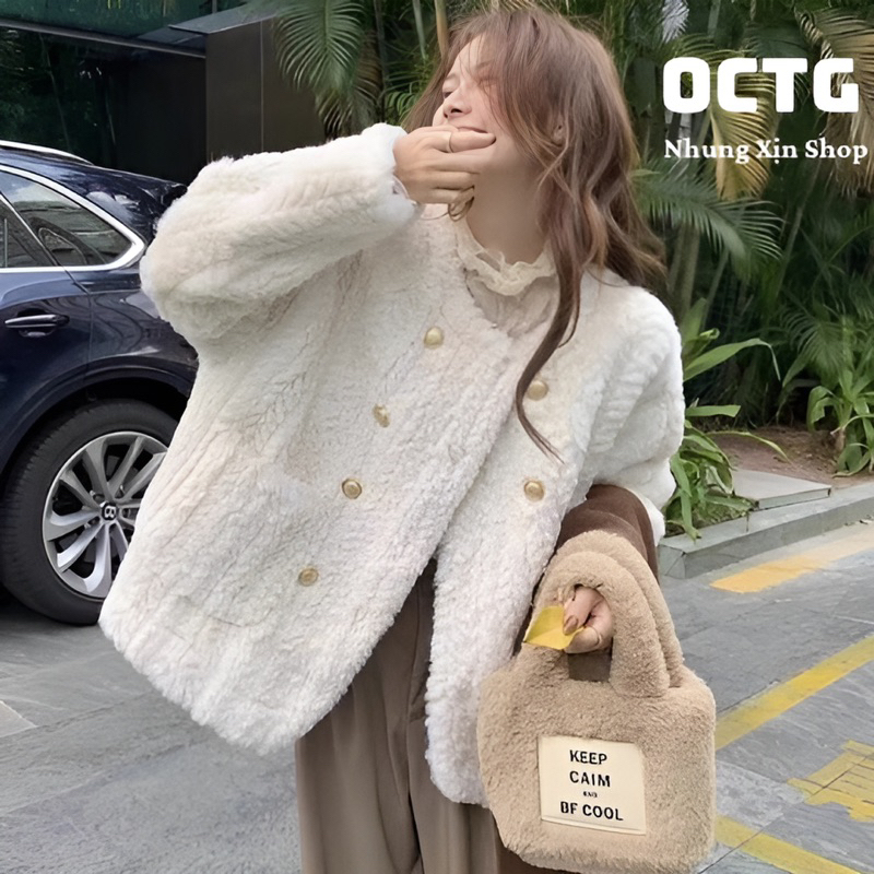 Áo khoác lông thỏ 2 hàng cúc vàng siêu mềm mại phong cách vintage Hàn Quốc