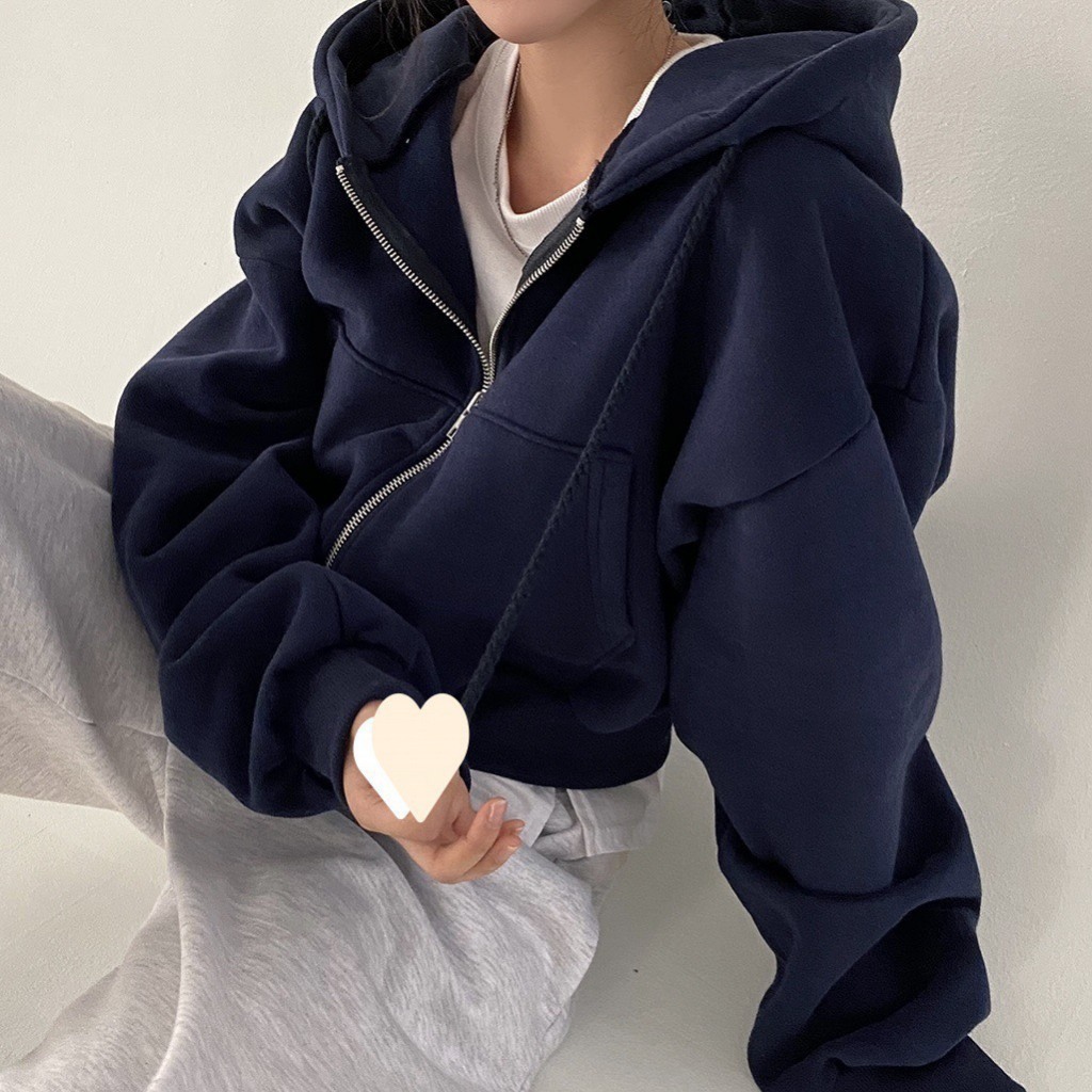 Áo khoác nỉ croptop RENRY Shop dáng rộng siêu xinh phong cách Hàn Quốc, Áo khoác thu đông nữ hoodie zip tay bồng