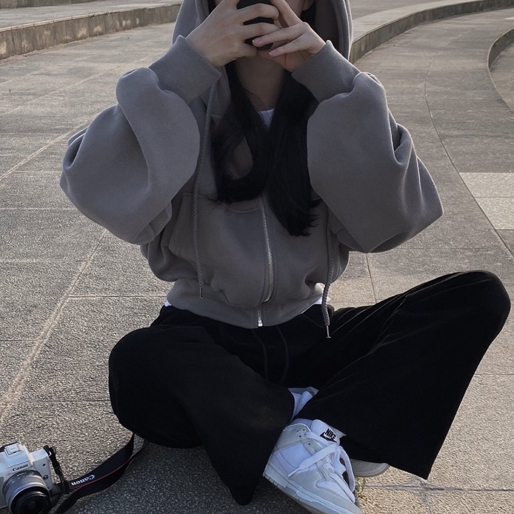 Áo khoác nỉ croptop RENRY Shop dáng rộng siêu xinh phong cách Hàn Quốc, Áo khoác thu đông nữ hoodie zip tay bồng