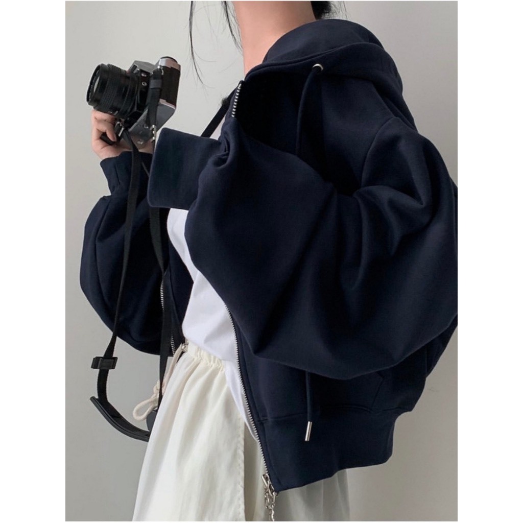 Áo khoác nỉ croptop RENRY Shop dáng rộng siêu xinh phong cách Hàn Quốc, Áo khoác thu đông nữ hoodie zip tay bồng