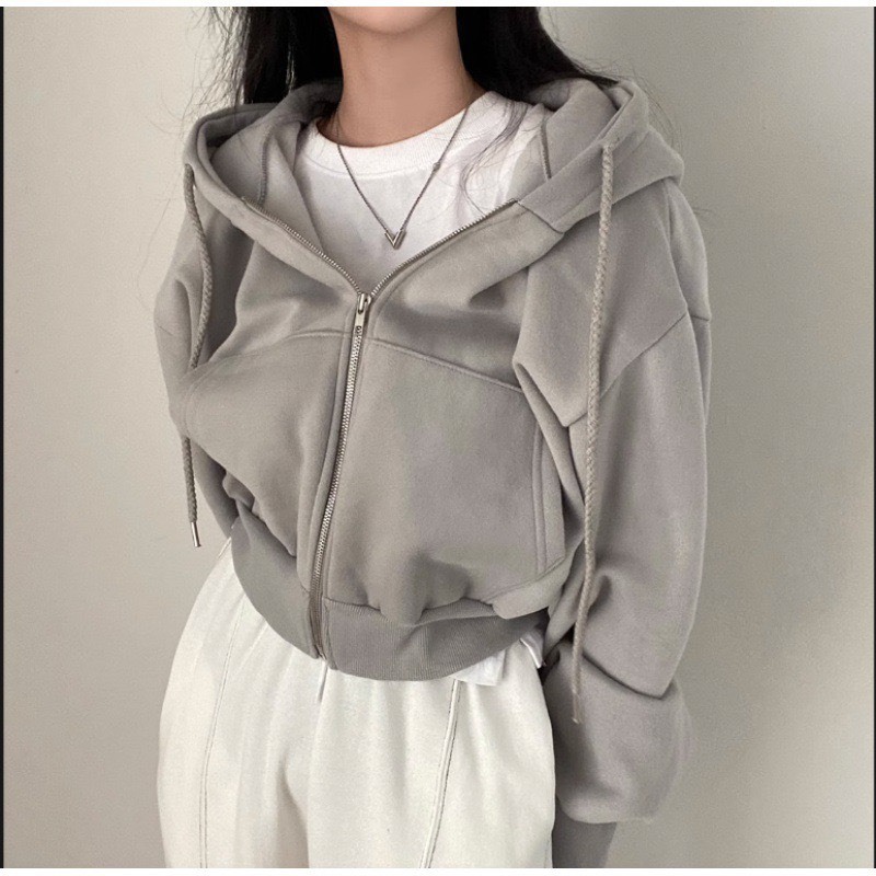 Áo khoác nỉ croptop RENRY Shop dáng rộng siêu xinh phong cách Hàn Quốc, Áo khoác thu đông nữ hoodie zip tay bồng