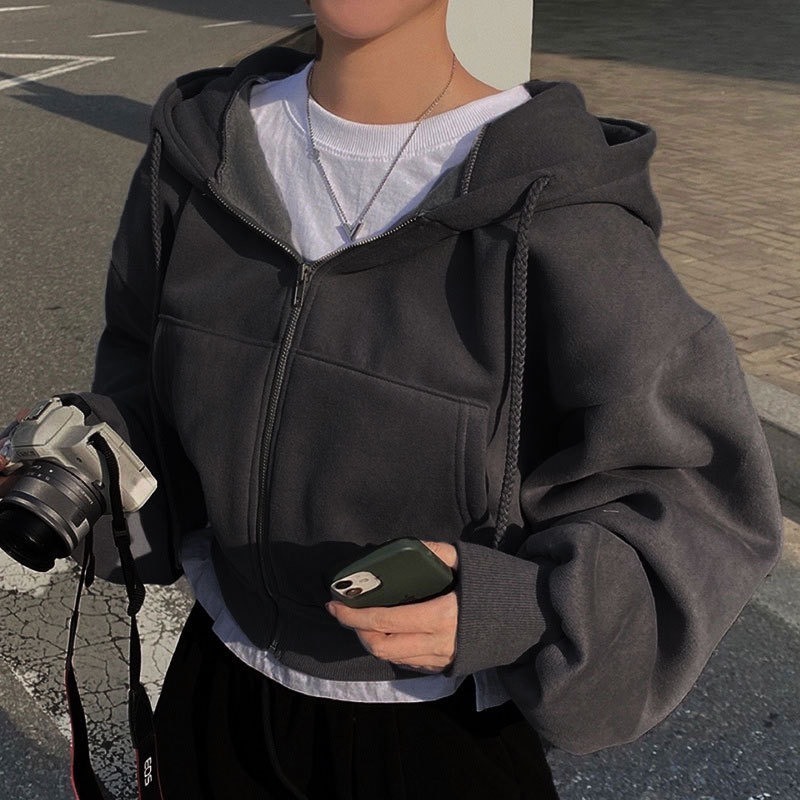 Áo khoác nỉ croptop RENRY Shop dáng rộng siêu xinh phong cách Hàn Quốc, Áo khoác thu đông nữ hoodie zip tay bồng