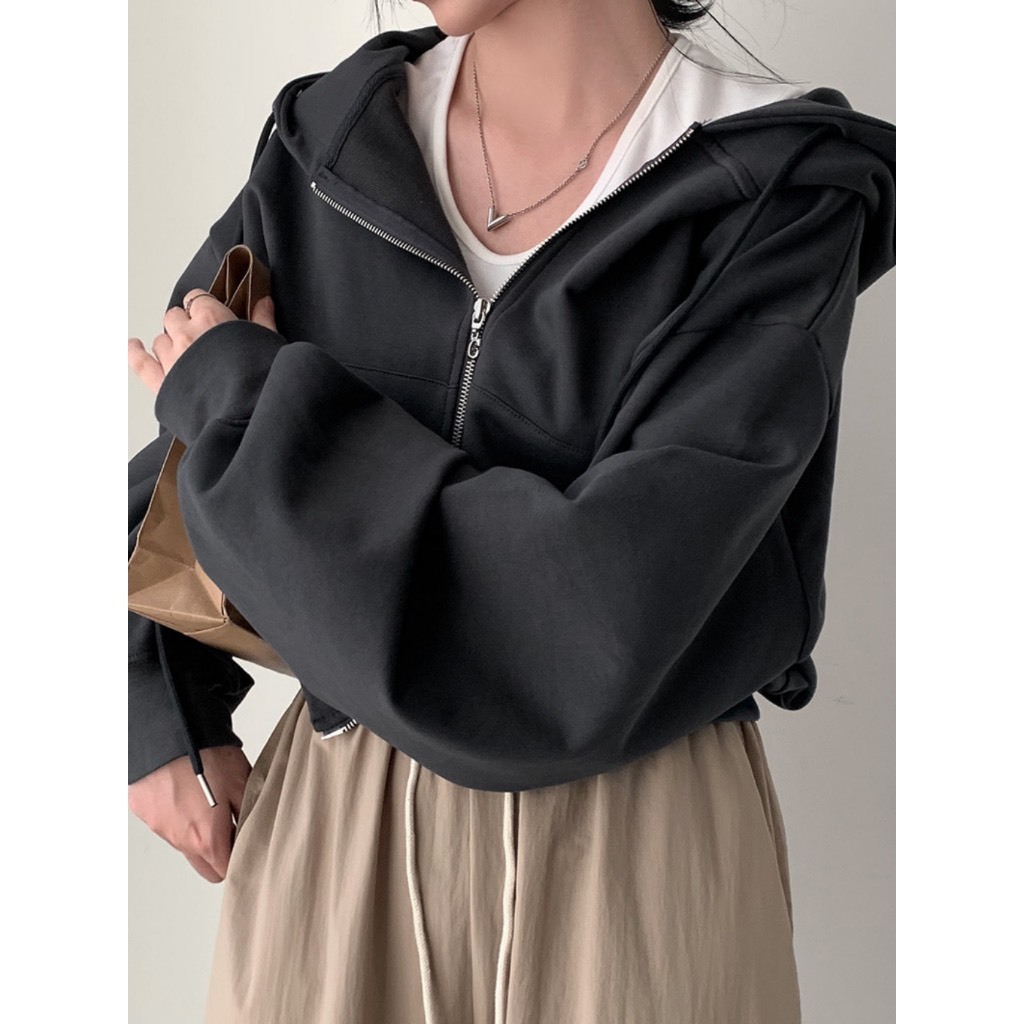 Áo khoác nỉ croptop RENRY Shop dáng rộng siêu xinh phong cách Hàn Quốc, Áo khoác thu đông nữ hoodie zip tay bồng