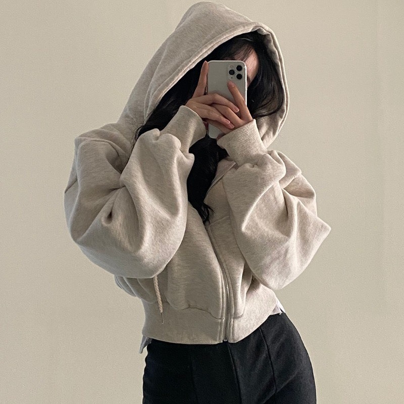 Áo khoác nỉ croptop RENRY Shop dáng rộng siêu xinh phong cách Hàn Quốc, Áo khoác thu đông nữ hoodie zip tay bồng