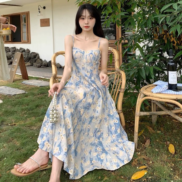 Váy Đầm Nữ Maxi Hai Dây Hoa Nhí Dáng Dài Xoè Đi Biển Đi Du Lịch, Đầm Nữ Dáng Xoè Dài Qua Gối