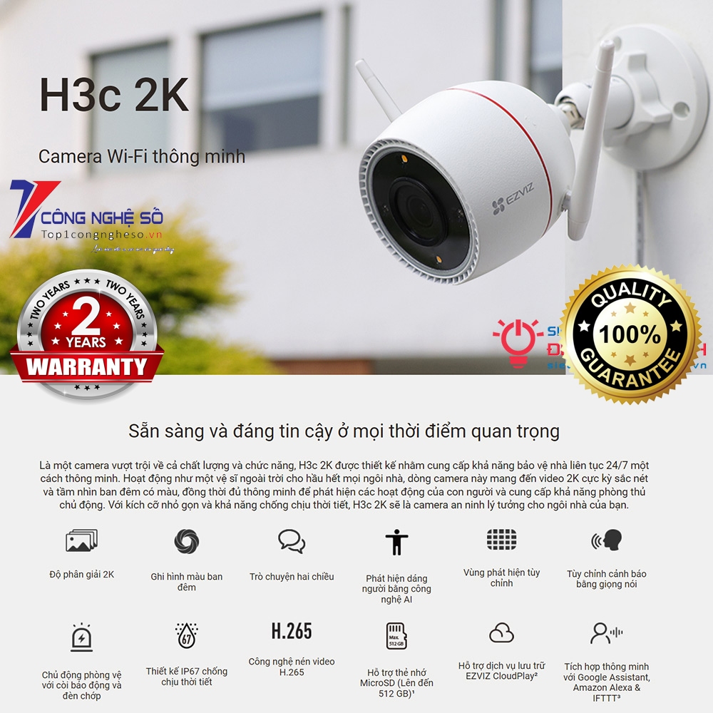 Camera wifi Ezviz H3C lắp đặt ngoài trời, bảo hành 24 tháng chính hãng, có màu ban đêm