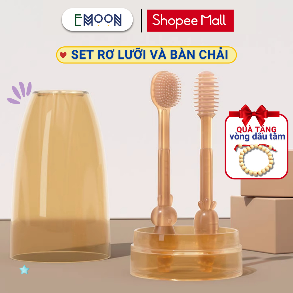 Set rơ lưỡi và bàn chải đánh răng EMOON silicon mềm an toàn, nhẹ nhàng vệ sinh sạch răng miệng cho em bé từ 0 -18 tháng