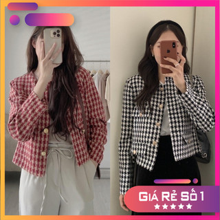 Áo dạ kẻ dáng cộc cổ tròn hai lớp áo dạ tweed 4 túi, có lót bên trong!