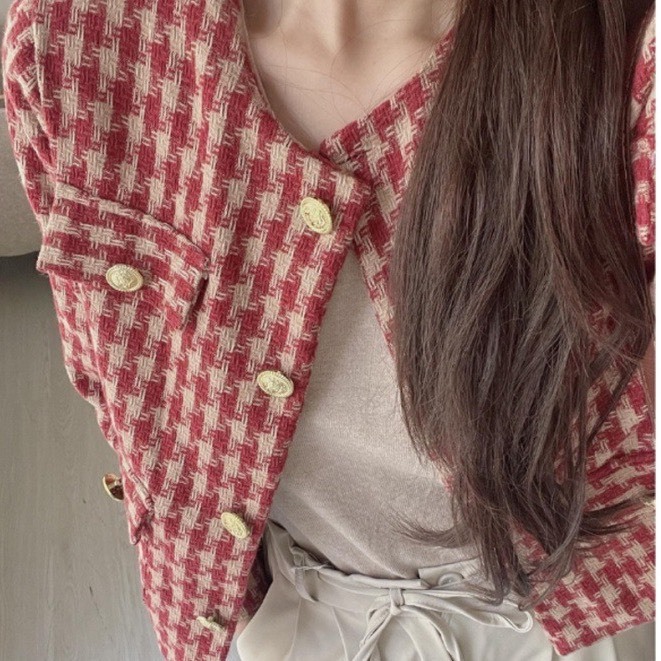 Áo Dạ Kẻ Dáng Cộc Cổ Tròn Hai Lớp Áo Dạ Tweed 4 Túi, có lót bên trong!