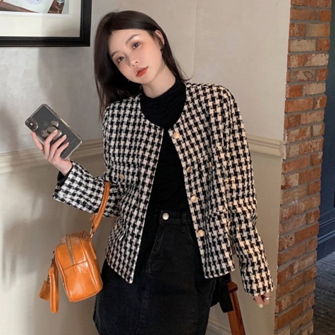 Áo Dạ Kẻ Dáng Cộc Cổ Tròn Hai Lớp Áo Dạ Tweed 4 Túi, có lót bên trong!