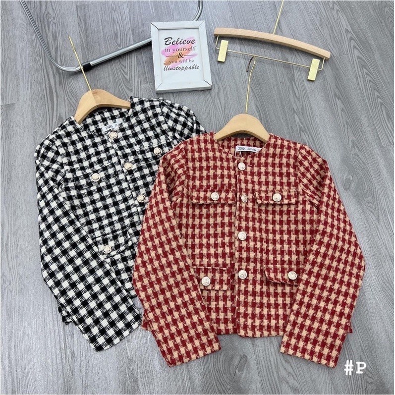 Áo Dạ Kẻ Dáng Cộc Cổ Tròn Hai Lớp Áo Dạ Tweed 4 Túi, có lót bên trong!